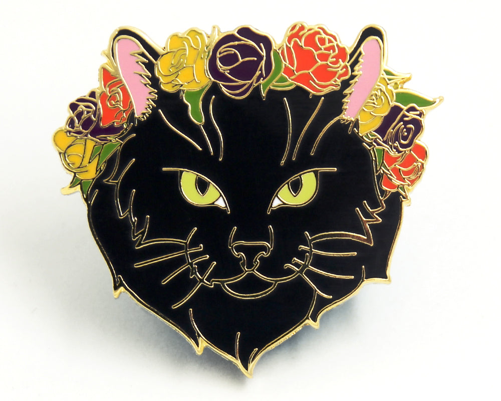 Black Cat Flower Crown Enamel Pin
