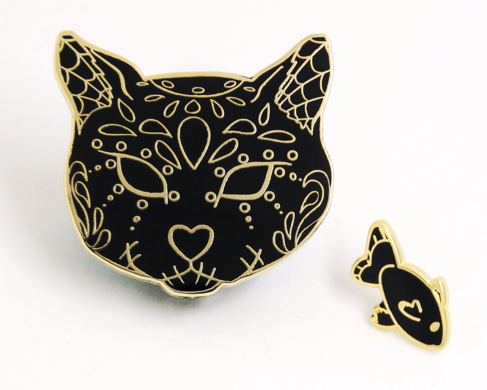 Black and Gold Sugar Skull Cat Enamel Pin Set