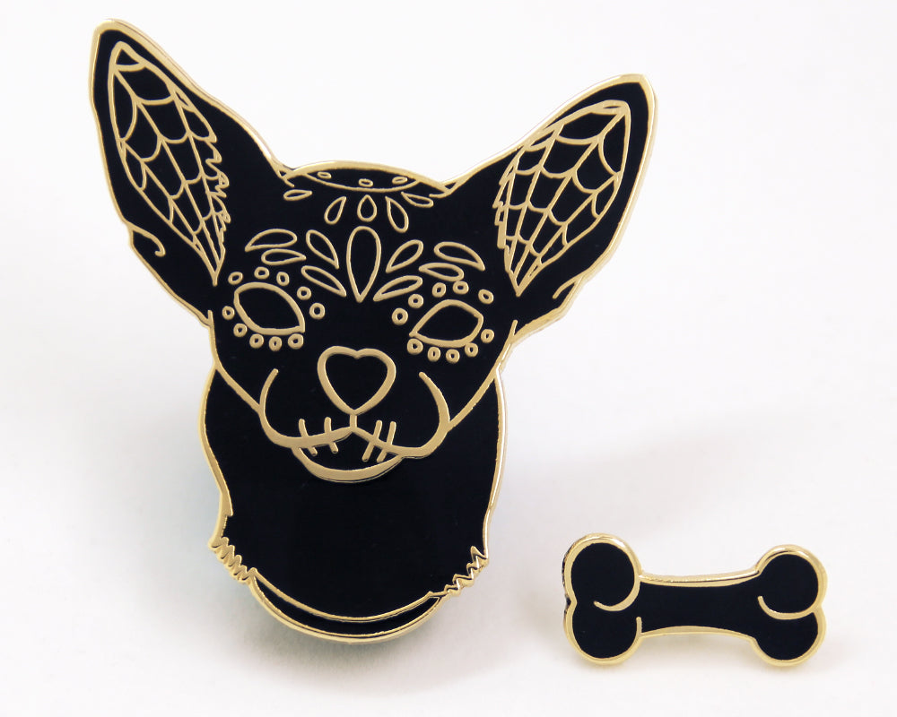 Black and Gold Sugar Skull Dog Enamel Pin Set
