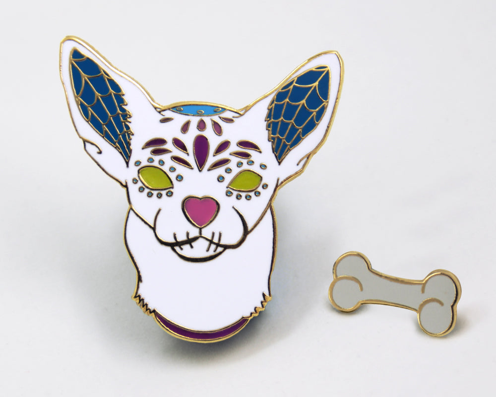 White Sugar Skull Dog Enamel Pin Set