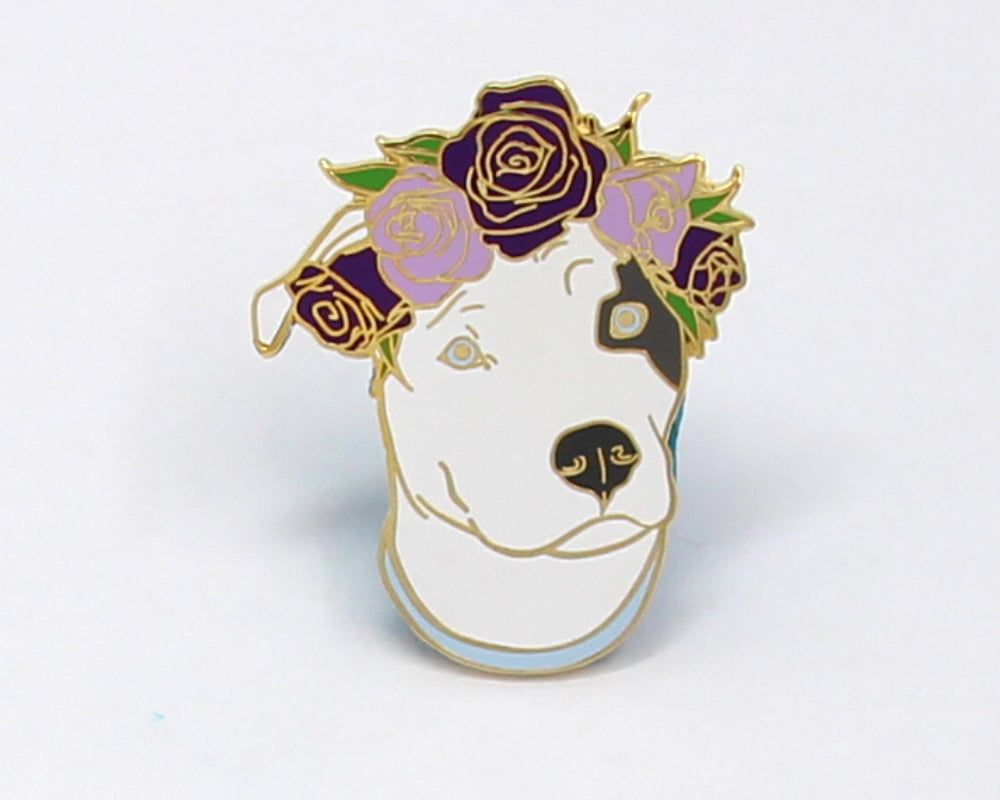 SECOND SALE Dark Gray and White Pit Bull Flower Crown Enamel Pin