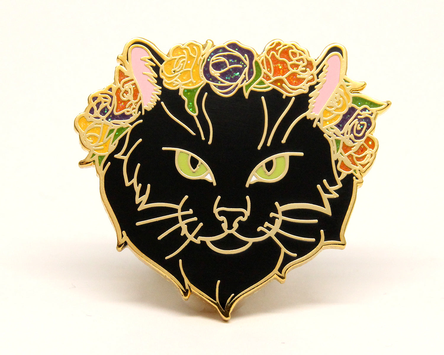 Black Cat Glitter Flower Crown Enamel Pin