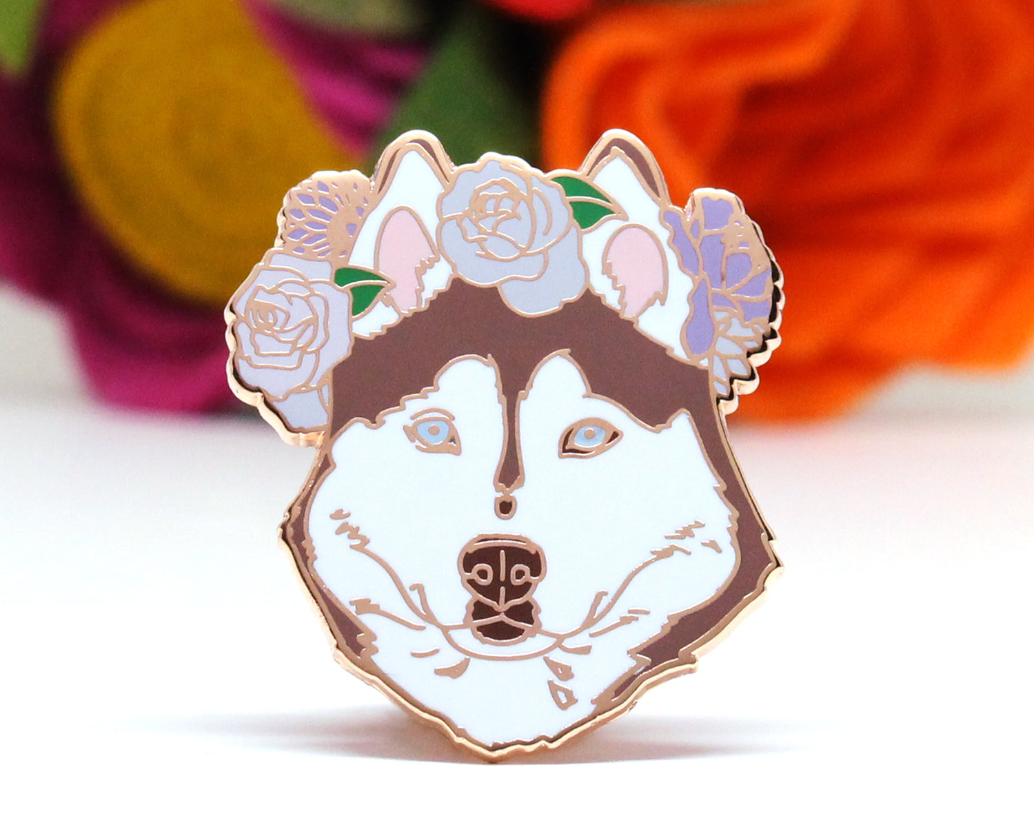 Red rose gold Husky Flower Crown Enamel Pin