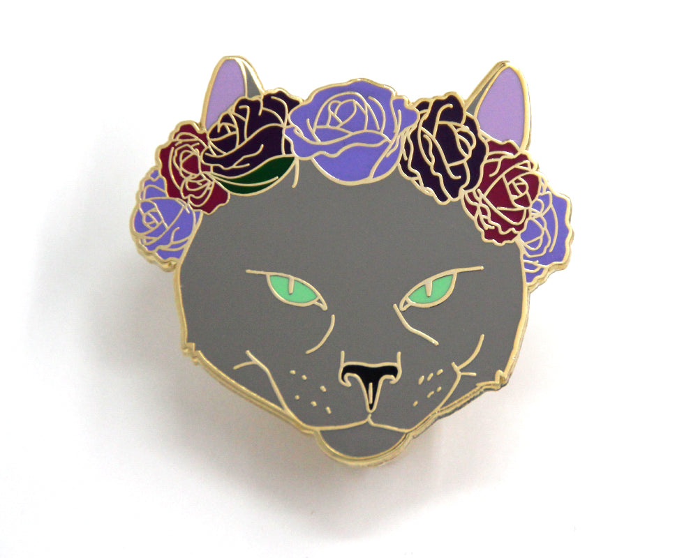 Russian Blue Cat Flower Crown Enamel Pin