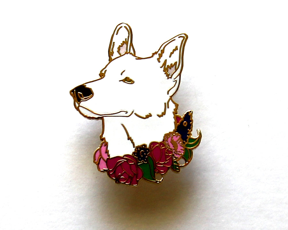 SECOND SALE White German Shepherd Flower Collar Enamel Pin
