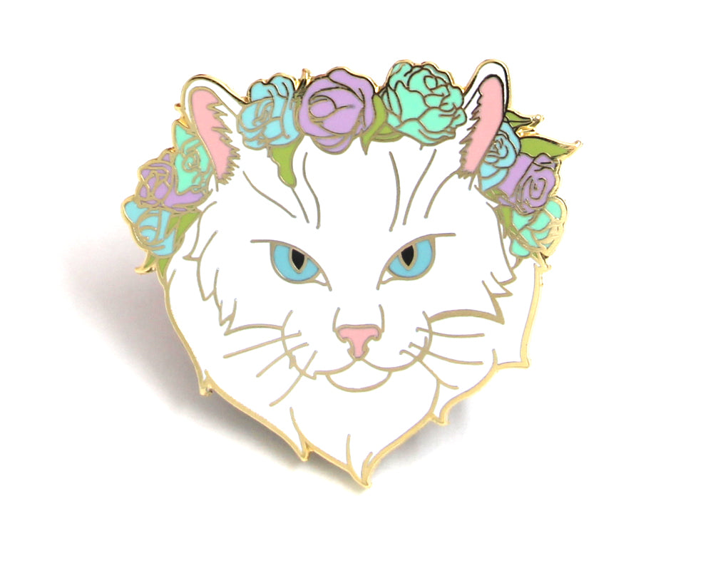 Pastel White Cat Flower Crown Enamel Pin