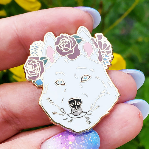 White Husky Flower Crown Enamel Pin