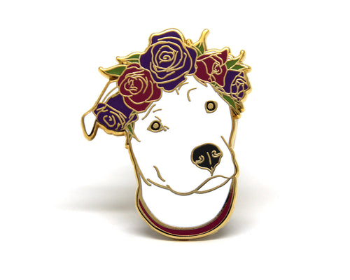 Solid White Pit Bull Flower Crown Enamel Pin