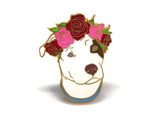 SECOND SALE Original Brown and White Pit Bull Flower Crown Pin