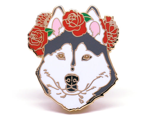 Gray Husky Flower Crown Enamel Pin