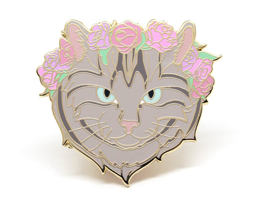 Gray Tabby Cat Flower Crown Enamel Pin