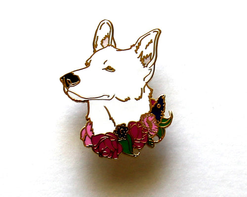 SECOND SALE White German Shepherd Flower Collar Enamel Pin