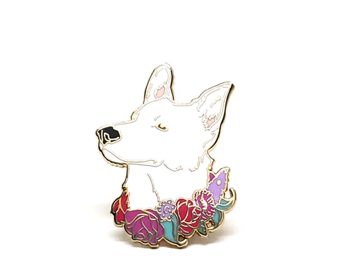 White German Shepherd Flower Collar Enamel Pin